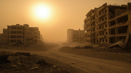 Desert town in ruins at sunset with abandoned buildings and dust in the air