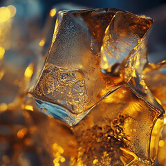 Close up of ice cubes with glistening bubbles in warm golden light and reflections