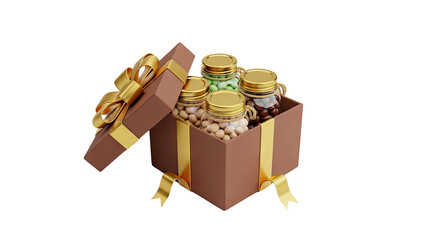 3D Gift Box with Assorted Candies in Glass Jars on transparent background