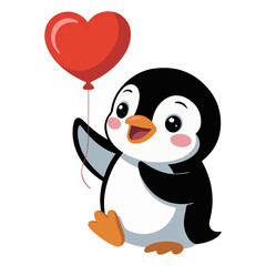 Cute Penguin Holding Heart Balloon Valentine Cartoon Illustration Isolated on Transparent Background