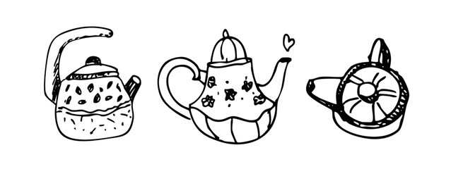 Whimsical Tea Party Doodle Clipart Set. Cute  Kettle, Teapot   Outline Hand-Drawn Vector  Illustration