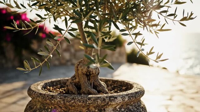 Sunlit Bonsai Olive Tree in Pot Outdoors.