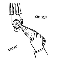 Whimsical Cheers Toast Doodle. Cute Hands with Champagne Bottle and Glass Celebration Icon. Outline Hand-Drawn Vector Illustration