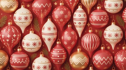 Festive arrangement of traditional red, white, and gold christmas ornaments with intricate patterns