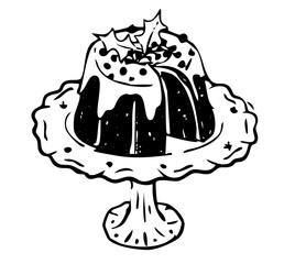 Christmas Pudding Doodle. Cute Holiday Dessert on Cake Stand with Holly and Glaze. Outline Hand-Drawn Vector Illustration