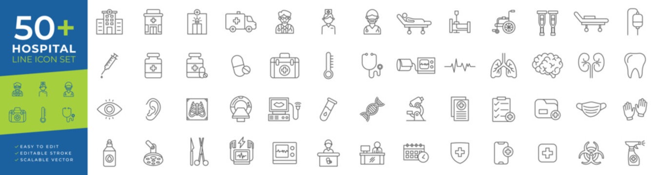 Hospital line icon set for healthcare, medicine, doctors, nurses, patient care, medical equipment, first aid, examination, and diagnostics for health apps and clinical services design.