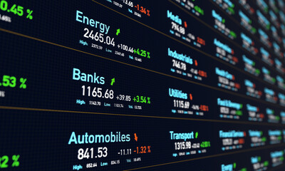 Obraz premium Industrial sectors, banks, automobiles, energy, transport, telecoms, utilities, stock market information. Trading screen, investing, market data, investments, risks, prices, percentage changes.