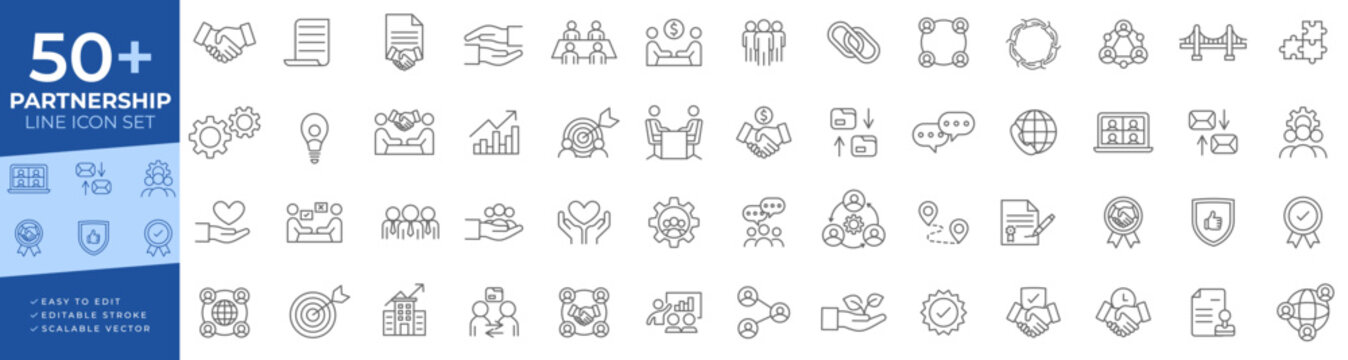Partnership line icon set for business collaboration, teamwork, mergers, acquisition, networking, corporate strategy, and relationship development for presentations and finance interfaces.