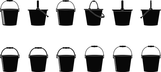 Black plastic buckets with handles in two rows of five each © Arafat
