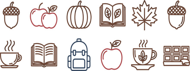 Autumn Fall Season Icons Set: Acorn, Pumpkin, Apple, Maple Leaf, Hot Coffee, Book, Backpack, and Chocolate Bar © Billal
