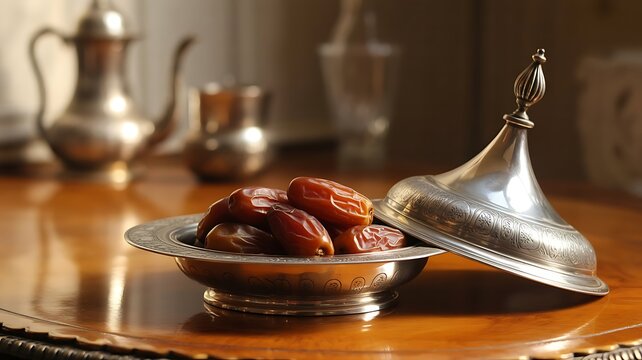 A bowl of dates with a metal lid on a wooden table with tea sets