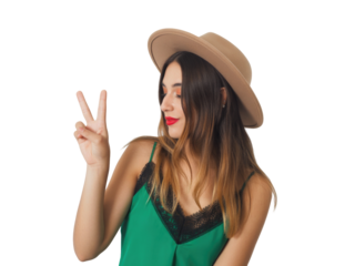 Woman in hat making peace sign isolated on transparent background