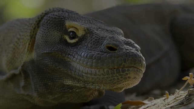 A recreation of a Komodo dragon in its safe habitat, highlighting the details of its skin, sharp eyes, and slow but steady movements.