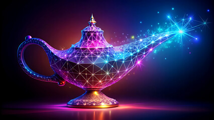 Genies lamp with neon lights in futuristic style with vibrant colors and magical glow for fantasy illustration