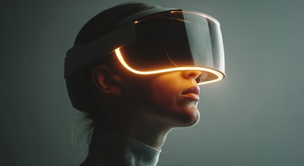 Woman profile wearing glowing futuristic virtual reality headset technology