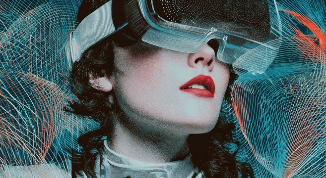 Woman wearing virtual reality headset with abstract digital background art - Powered by Adobe