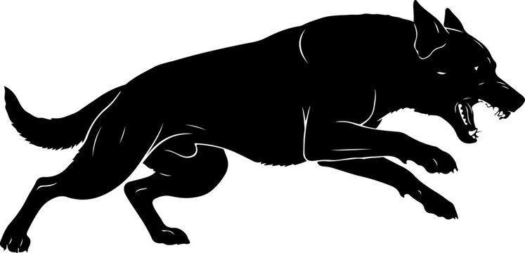 Aggressive military dog leaping in attack silhouette vector illustration