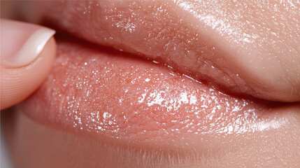 Glossy lips with dewy glass skin texture showing translucent and moist natural beauty close up, highlighting soft and smooth skin surface with subtle shine and hydration