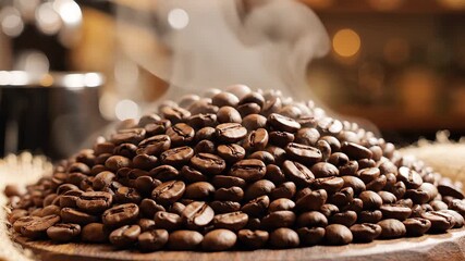 A captivating closeup shot of a steaming pile of freshly roasted coffee beans exuding rich aroma and warmth perfect for a cozy morning brew or a vibrant cafe atmosphere.