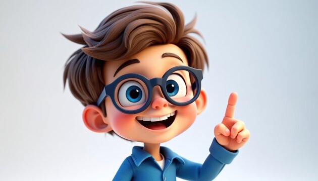 3D cartoon boy with glasses raises finger showing idea or solution. Child character smiles excitedly, looking smart and thoughtful. Kid points up with index finger.