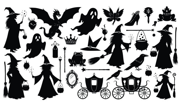 Witchcraft and wizardry silhouettes set isolated on white background, halloween magic collection with spooky characters