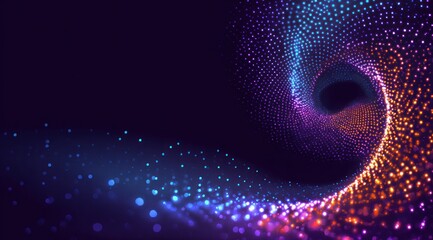 Abstract swirling tunnel of colorful glowing digital particles on dark background.