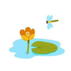 Vector hand-drawn illustration of a yellow water lily on a pond. Sketch of a flowering aquatic plant.