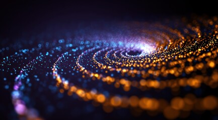 Abstract swirling vortex of blue and orange glowing particles on black.