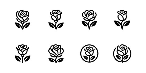 Set of Minimalist Rose Flower Icons and Logos in Black and White.