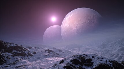 Breathtaking icy alien planet landscape with two massive moons and a glowing star in a purple twilight sky