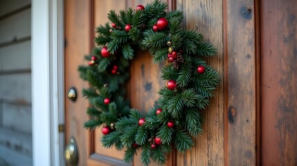 A circular Christmas wreath is hung on the door of the house