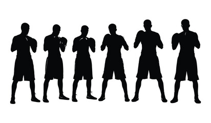 Set of boxers black silhouettes isolated on white background, collection of male athletes in various fighting stances