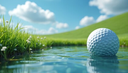 Golf ball rests on water surface near green grass and tiny white flowers. Blurred green hill and blue sky background. Outdoor daytime scene.