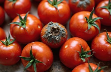 Many red tomatoes many with mold and damage. Some fresh ripe fruit. Vegetable spoilage shows fungal growth and pest effects. Bad produce unusable for food.