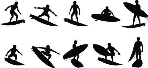 Obraz premium Silhouettes of People Surfing and Carrying Surfboards in Various Positions ocean