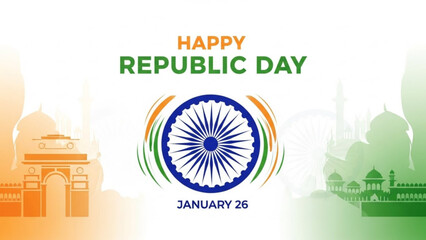 Happy Republic Day India Ashoka Chakra emblem and Indian landmarks patriotic holiday celebration gra © Ehtasham