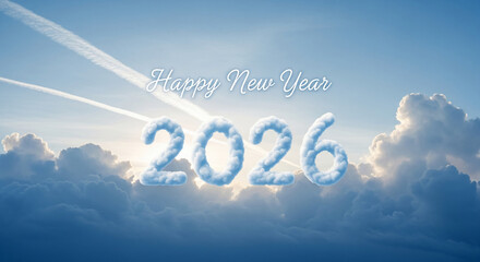 Fototapeta premium Sky background with clouds and contrails, with text 