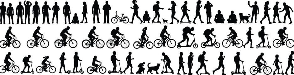 Silhouettes of people walking, riding bicycles, and using scooters with dogs © Arafat