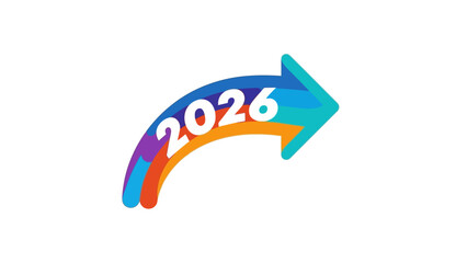 Obraz premium A colorful, curved arrow graphic with the year 2026, pointing to the right on a white background.