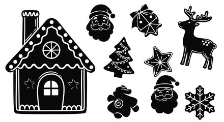 Festive black silhouettes of a gingerbread house santa reindeer and christmas treats © farhan