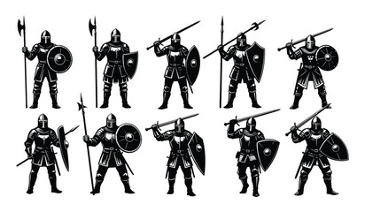 Set of ten medieval knights vector silhouettes with different weapons and poses on white background, black and white color illustration