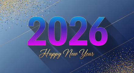 Gradient blue and magenta number 2026 with a gold inscription; confetti accentuates a festive mood, representing holiday anticipation and future celebrations