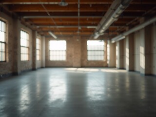 A large empty industrial warehouse loft with high ceilings and concrete floors. 