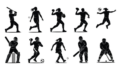 Silhouette vector collection of men and women athletes playing various sports like baseball, softball, cricket, hockey, and soccer