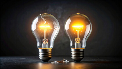 Two illuminated incandescent light bulbs, one with cracks and broken glass on dark surface