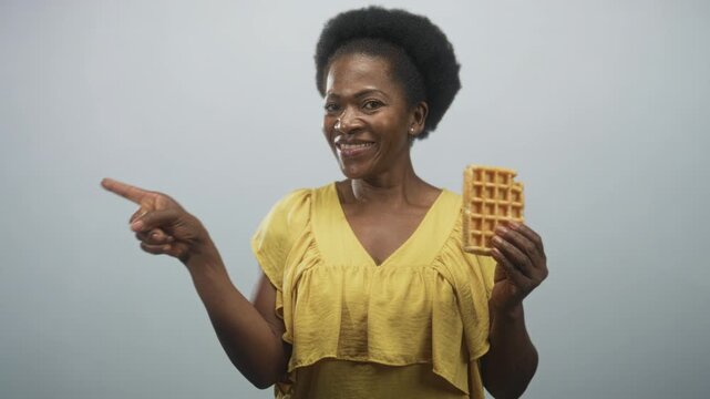 Woman pointing finger left while holding a waffle and smiling, visible hand and face centered in studio portrait; joy comfort.
