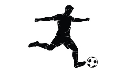 Soccer player silhouette vector illustration. Man kicking football ball. Sportsman in uniform playing match. Active sport game