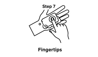 Step 7 fingertips of hand washing process, pictogram icon or symbol, hygiene instruction illustration in black line art