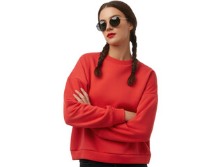 Confident woman in red sweatshirt with sunglasses isolated on transparent background