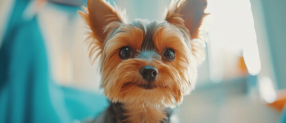 A portrait of a cute Yorkshire terrier with expressive eyes will serve as the main background for advertising pet supplies or veterinary services.
